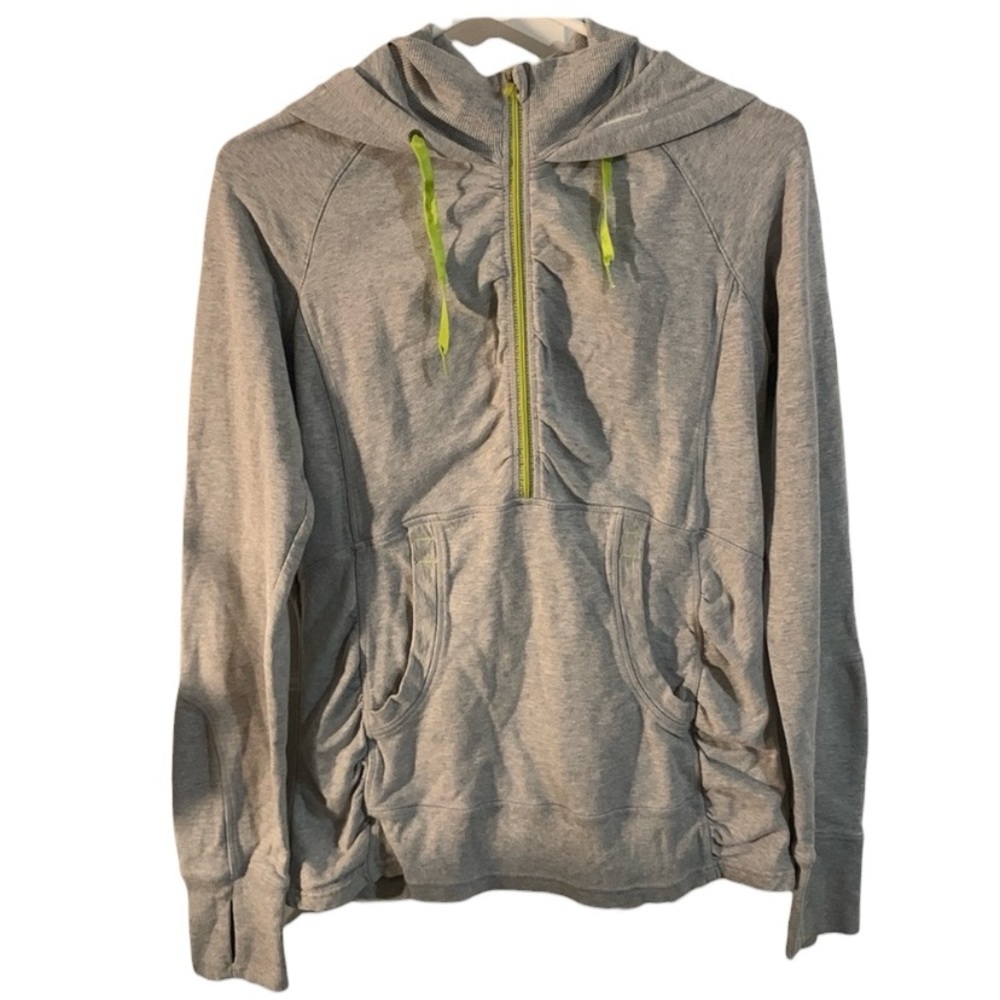 Athleta Heavenly Hail 1/2 zip pull over hoodie grey lime green size M